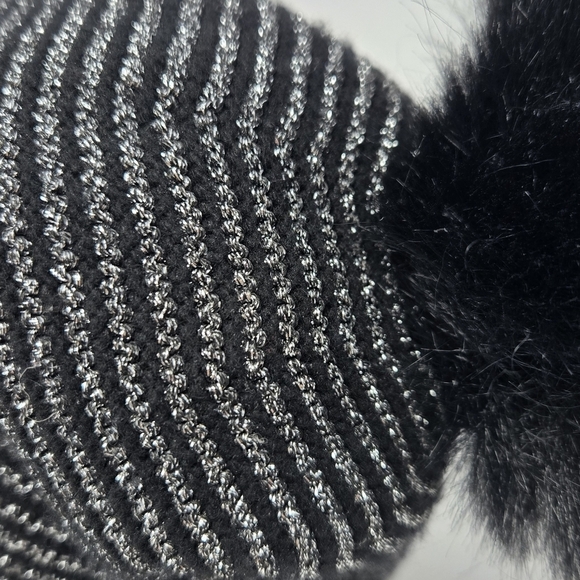 CHICO'S BLACK & METALLIC SILVER STRIPE POM POM BEANIE HAT CAP ACCESSORY WOMEN OS - Picture 7 of 12